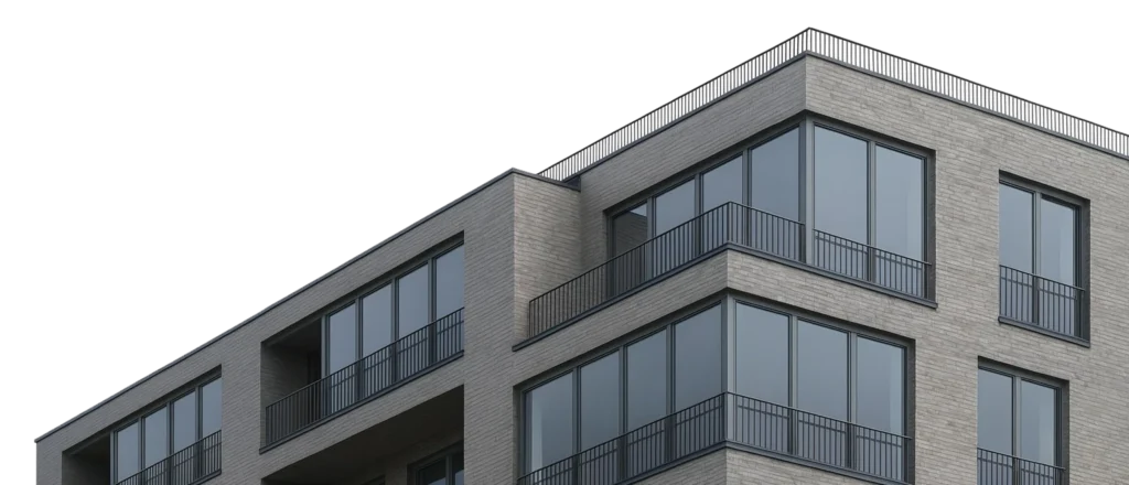 Moderner Wohn- und Geschäftsbau mit großen Glasfenstern und Balkonen