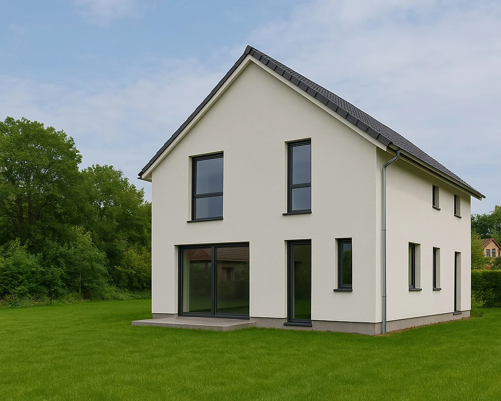 Modernes Zweifamilienhaus mit Satteldach und Rasenfläche